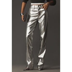 Good American Metallic Silver High Rise Straight Leg Jeans Size 10 Liquid Foil
